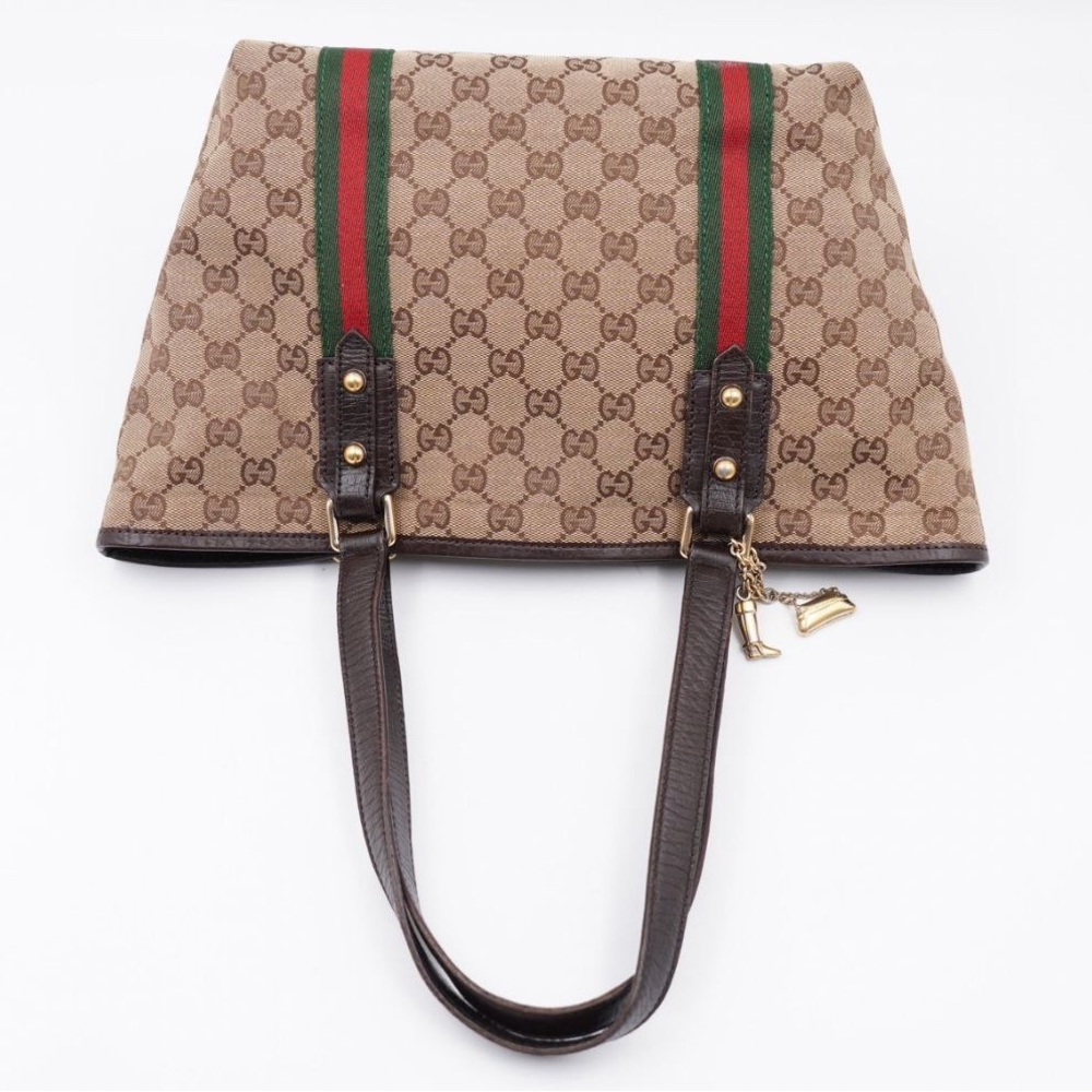 Gucci Beige GG Canvas Tote with Green and Red Web Stripe and Brown Trim - Picture 12 of 16